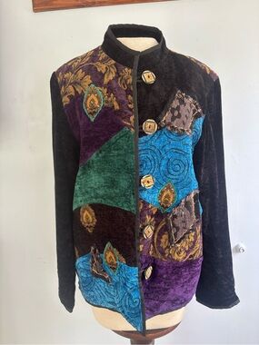 Vintage Patchwork Velvet Stand-Collar Blazer in Black, Purple & Teal